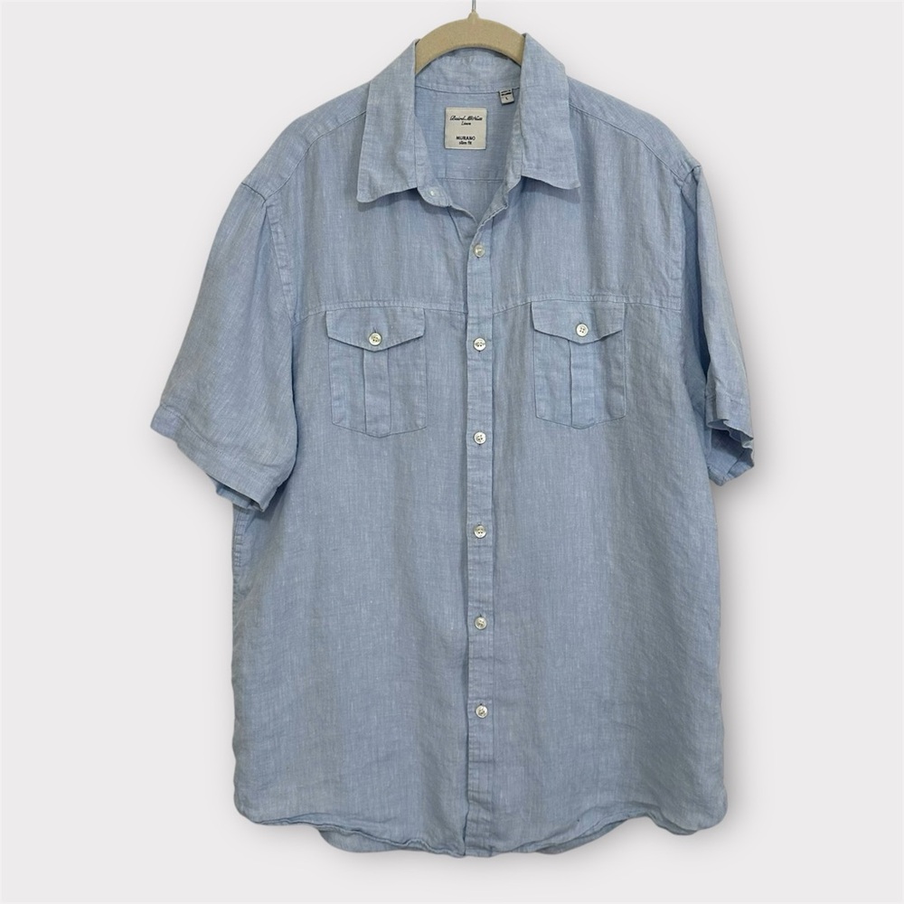 Baird McNutt Linen Shirt Men's Large‎ Blue Button Up Short Sleeve Coastal Casual